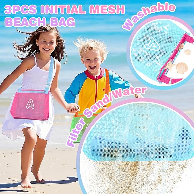 3Pcs Personalized Kids Beach Shell Bag, Initial Seashell Mesh Zipper Beach Pouch, Shell Collecting Bag for Holding Shells with Adjustable Straps, Sand Toys Swim Pouch Gift for Girl Boy Teens(Letter A)