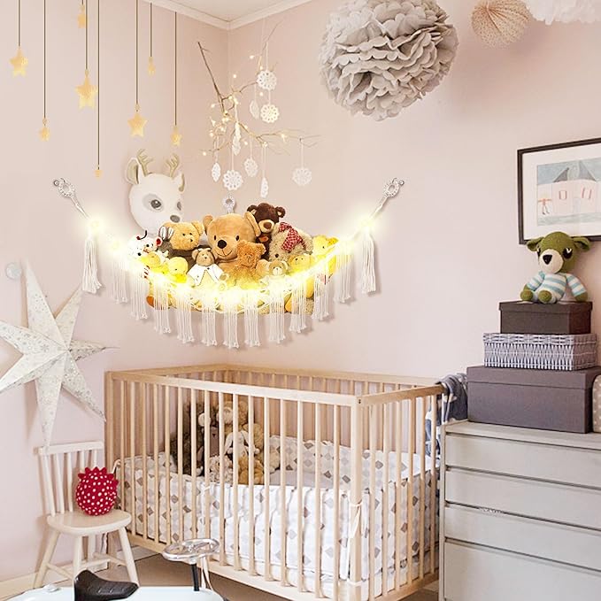 CERETIA Stuffed Animal Hammock with LED Light, Large Stuffed Animals Storage Corner Plushie Net for Kids Room Decor, 2 Packs White