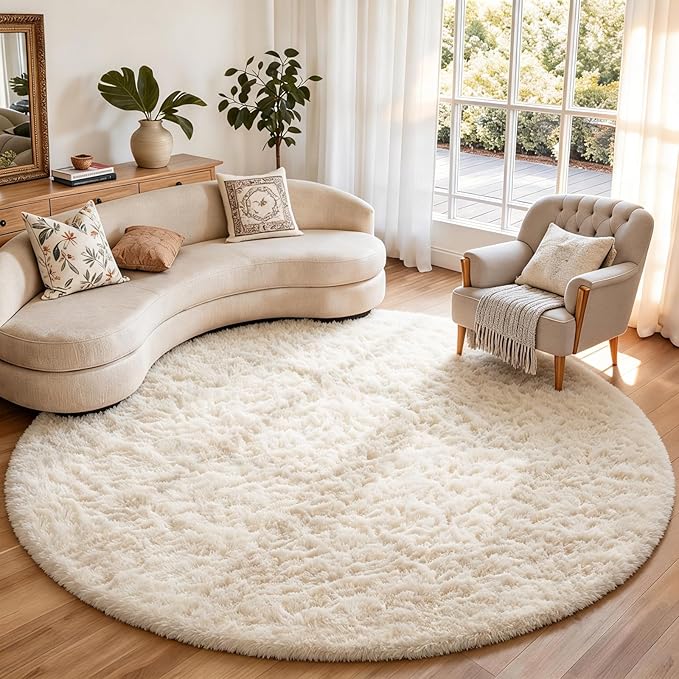 Ophanie Round Rugs 8Ft Ivory Circle Area Rug, Aesthetic Room Decor, Fluffy Fuzzy Bedroom Carpet, Plush Soft Shaggy Cream Living Room Rugs for Kids Home Decor, Nursery