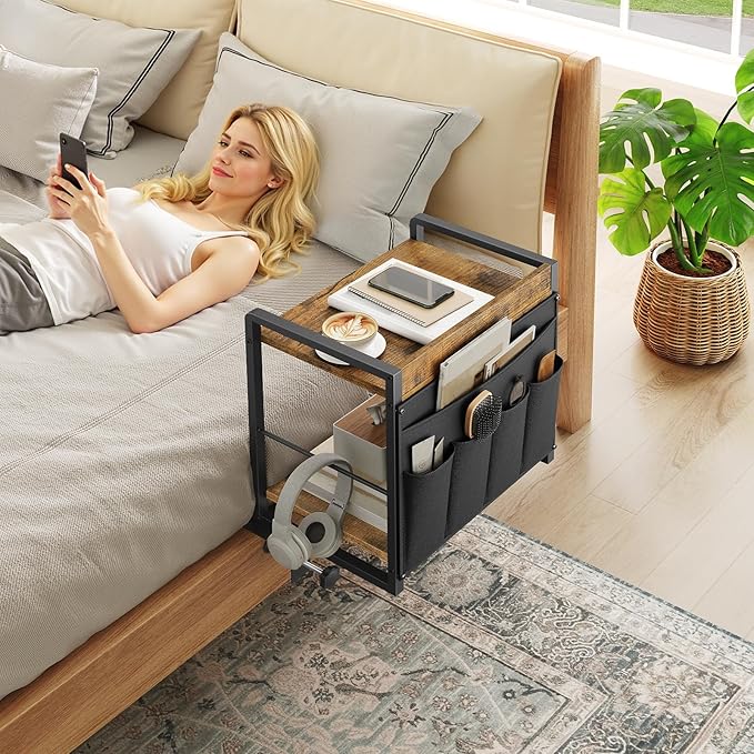 Bedside Shelf, Bunk Bed Shelf with Fabric Pockets Storage, Clip-on Loft & Bunk Bed Tray Shelf for College, Nightstand for Apartment, Sofa, Bedroom, Rustic Brown and Black ET20BR