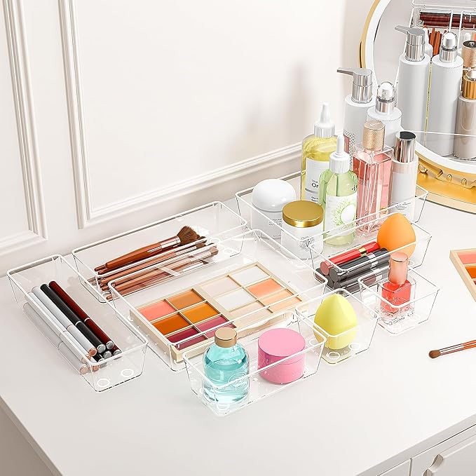 Clear Plastic Drawer Organizers Set of 45 Vanity Organizers Stackable Storage Bins Dividers Bathroom Organizers Storage Vanity Organizer Bins for Makeup, Kitchen Utensils, Jewelries, Office