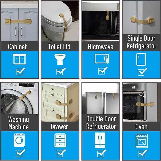 Bate- Child Safety Strap Locks, 6 Pack, Golden Beige, Baby Locks for Cabinets, Drawers, Kitchen, Toilet, Furniture, Fridge, Multi-Purpose, Easy Install with Quick 3M Adhesive for Childproofing