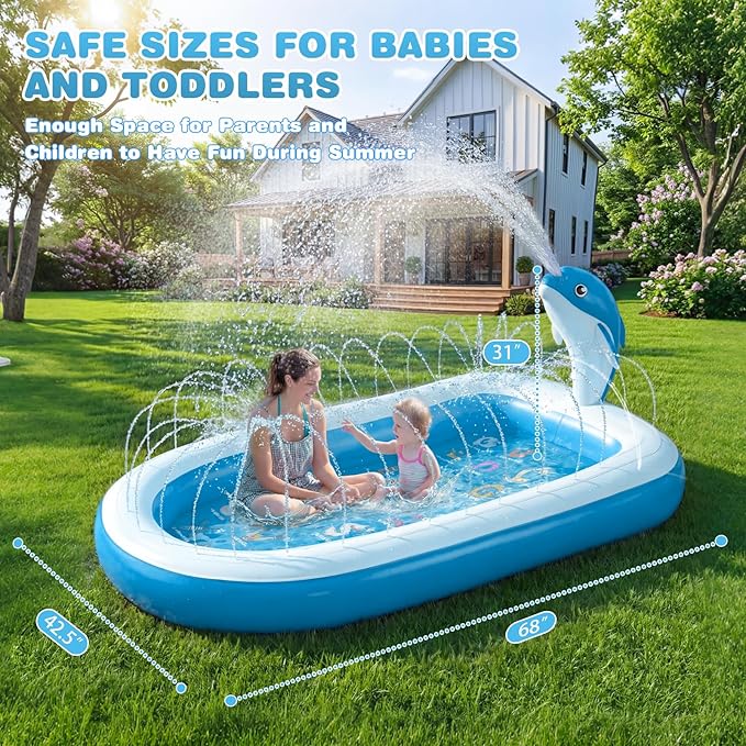 Splash Pads for Toddlers 1-3, Dolphin Toy Sprinkler for Kids, Outdoor Play Mat for Babies, 68" Backyard Inflatable Kiddie Pool, Splash Pad for Kids Ages 4-8, Birthday Gifts for 1 Year Old Boy Girl