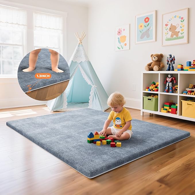 Omzer Baby Play Mat for Floor - 1.3" Thick Foam 74x50 Inch Playpen Mats with Removable & Washable Cover for Tummy Time, Soft Coral Velvet & Non-Slip Crawling Pad for Babies, Toddlers, Infants - Grey