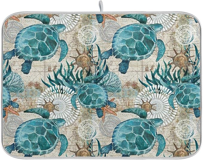 Absorbent Dish Drying Mat for Kitchen Counter - Sea Ocean Turtle Blue Microfiber Drying Pad, Reversible Drainer Mats for Countertop, Large 18" x 24"