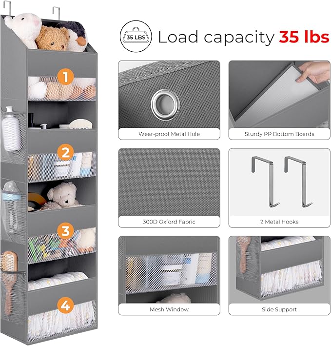 GRANNY SAYS Over The Door Organizer, 4-Shelf Behind The Door Storage with 6 Pockets, Waterproof 300D Oxford Fabric Hanging Organizer, Anti Tilt 35lb Load Hanging Shelf for Nursery, Bathroom, Grey