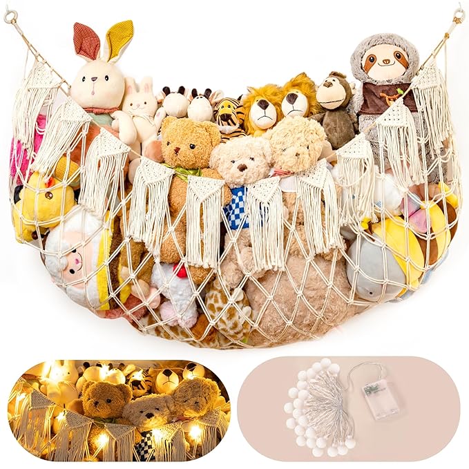 Boho Macrame Stuffed Animal Hammock with LED Lights – Large Wall Hanging Plushie Net, Corner Toy Organizer for Kids Bedroom, Nursery, Playroom & Dorm (White XXL)