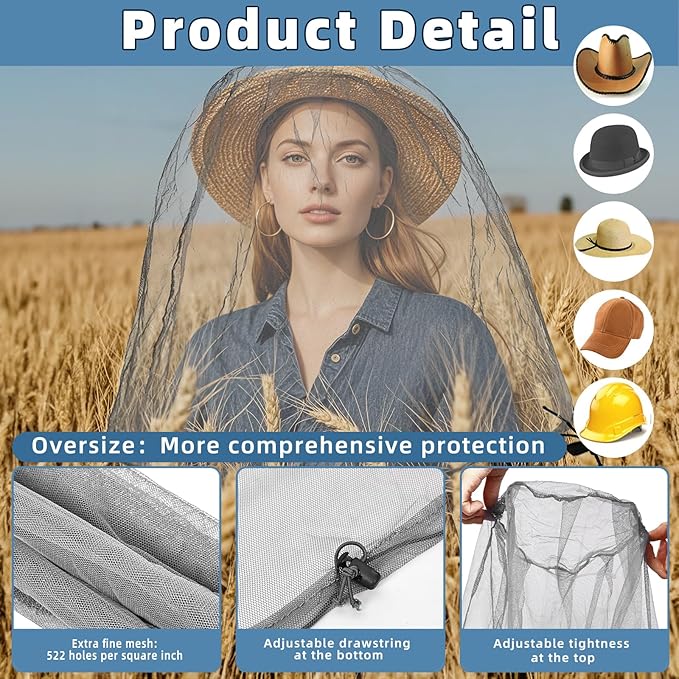 2 Pack Ultra Large Mosquito Net 42x25 Inches Mosquito Head Net Oversized Insect Netting Bug Fits Most Hats for Gardening Hiking Fishing Traveling(Gray+Navy Blue)