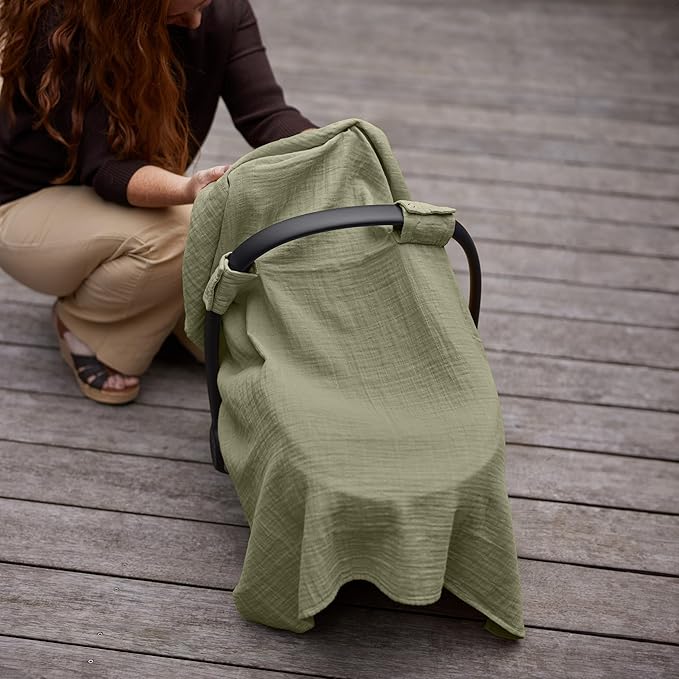 Car Seat Cover Baby - Organic Muslin Cotton - Carseat Canopy - 43" x 32" - Sage Green