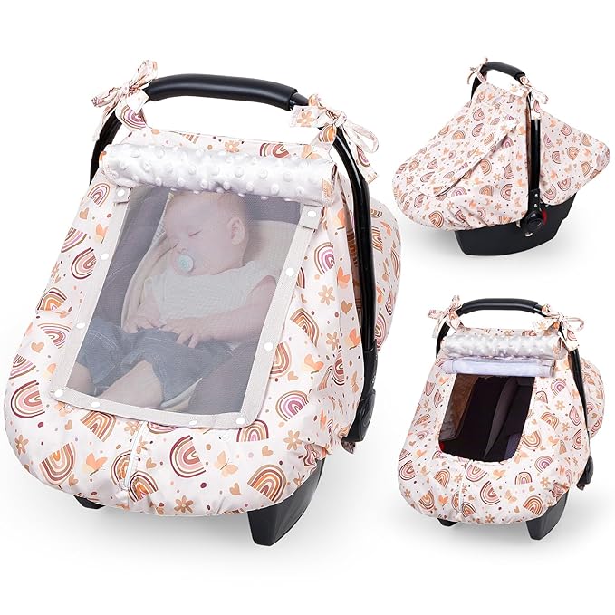 FIOBEE Baby Car Seat Cover, Car Seat Covers for Babies Infant Car Seat Canopy with Breathable Mesh Window Waterproof Carseat Cover for Babies Boy Girl 4 Seasons, Brown Rainbow