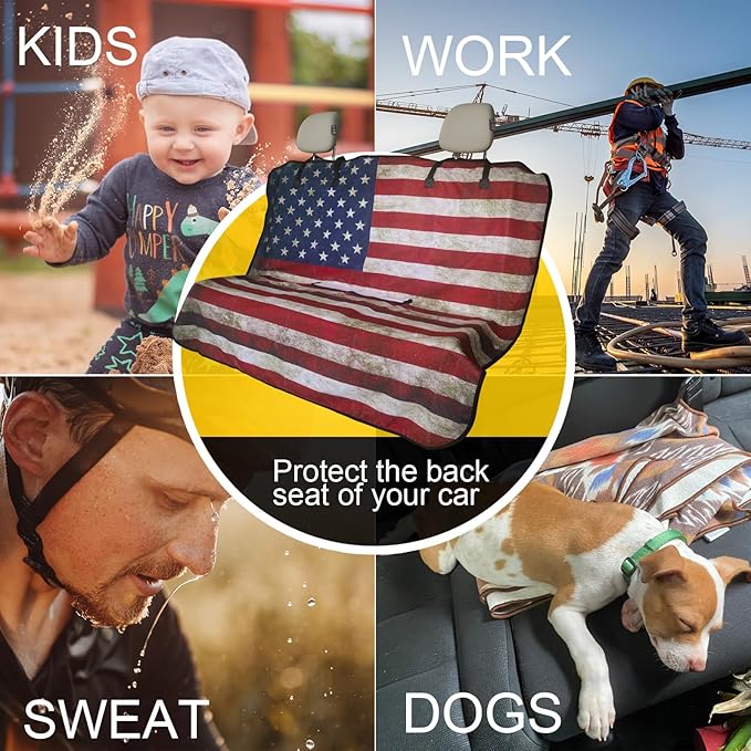LoyaGour Back Seat Cover for Car Trucks Van SUV,Waterproof Rear Bench Towel Seat Covers for Dogs and Kids,Automotive Backseat Protector (American Flag)