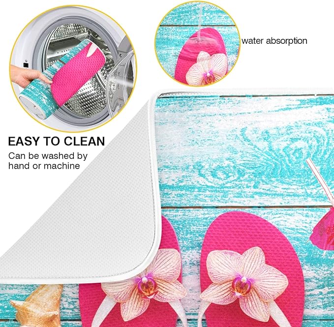 Summer Flip Flops Dish Drying Mat 16x18 in for Kitchen Counter Decor, Absorbent Blue Wooden Board Dry Pad Seashells Baby Bottle Dryer Rack Drainer Mats for Countertop Sink