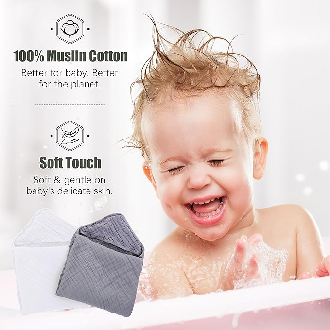 Spotted Play 2 Pack Hooded Baby Towels - 100% Muslin Cotton for Newborns, Infants, Toddlers - Large 32x32Inch Size - Highly Absorbent and Essential for Newborn Care, White and Grey