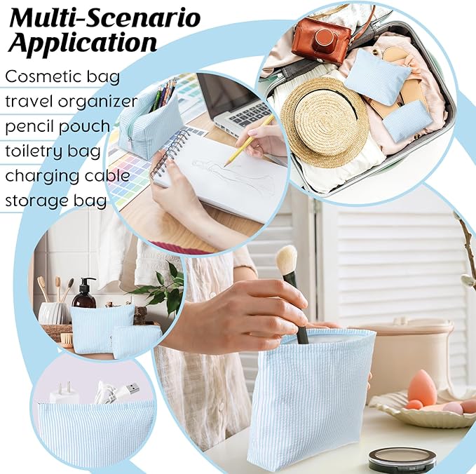 2 Pcs Makeup Bag Set Cute Cosmetic Pouch for Women Seersucker Travel Toiletry Bag Preppy Small Makeup Purse Pouch Aesthetic Skincare Brushes Storage Organizer for Valentine Women(Light Blue)