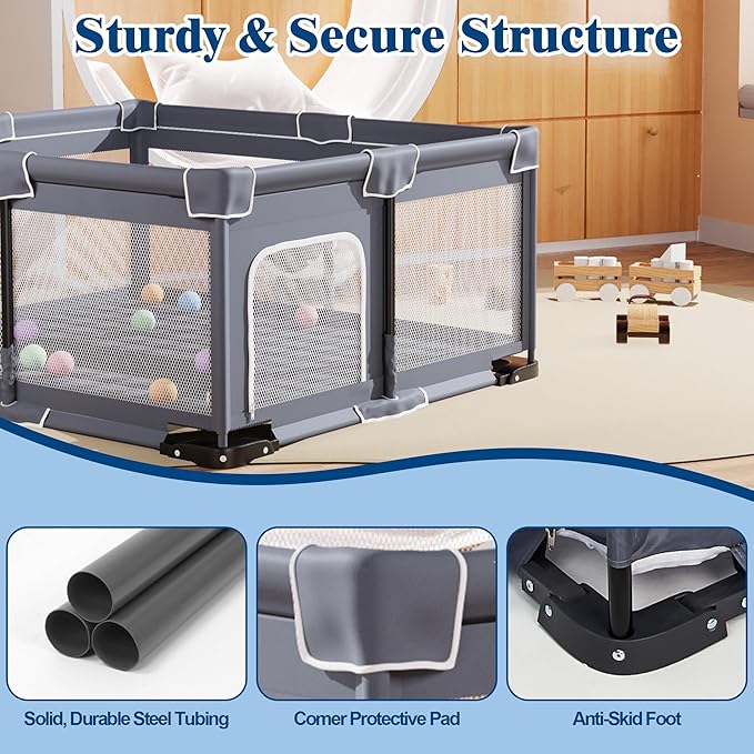 Jixrolyn Foldable Baby Playpen with Mat, 50"x50" Folding Playpen for Babies and Toddlers, Sturdy Safety Play Yard with Gate, Portable Kid's Play Pen with Bag