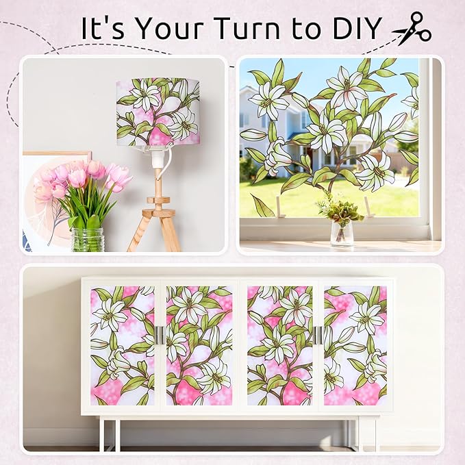 rabbitgoo Pink Lily Window Film Privacy Frosted Glass Cover - Static Cling Removable Decorative Window Tint for Bathroom, Bedroom, Living Room (35.4 x 78.7 Inch)