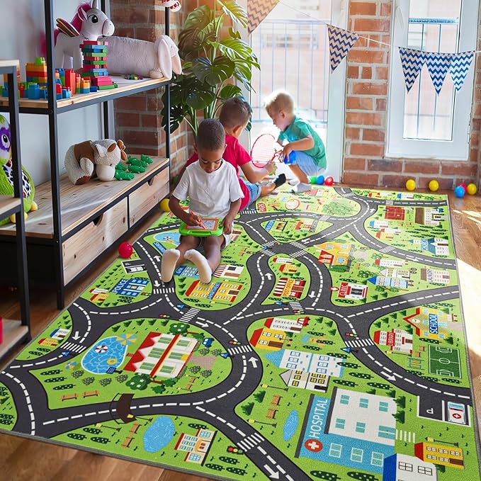 Community Kids Car Play Rug - Educational Play Mat Carpet with Fire Station, School, Park & More for Learning and Play, Ideal for Playroom Classroom Bedroom Nursery, 5x7ft