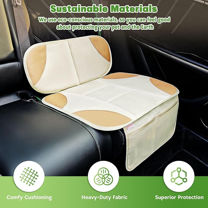 Siivton Car Seat Protector for Kids, Anti-Slip Design, Thick Padding, Prevents Seat Marks, 2 Storage Pockets for Toys & Snacks, Fits Most Cars, Black (Beige, 1 Pack)