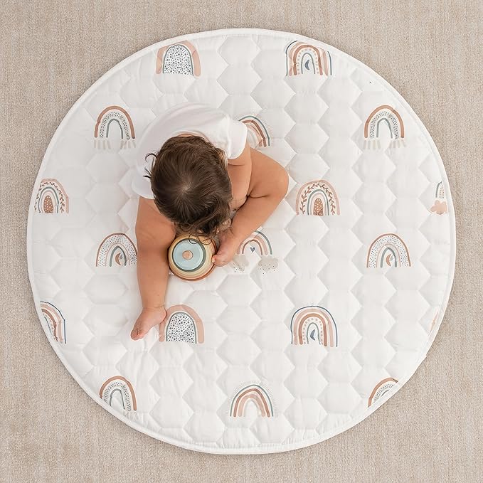 Comfy Cubs Round Kids Play Mat -Small 36 inches Soft Quilted Baby Floor Mat with Non-Slip Bottom - Plush Design for Toddlers' Playtime - Comfortable and Durable - Rainbow
