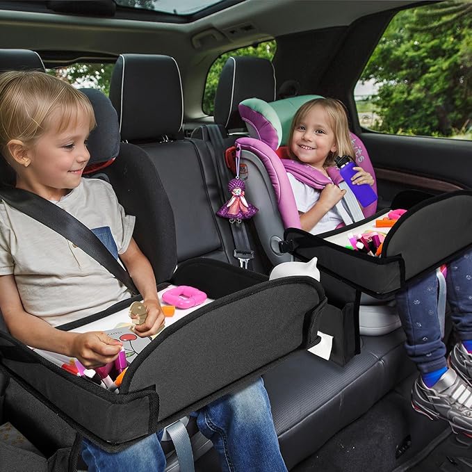 Kids Travel Tray, 2Pcs Kids Travel Trays for Car Seat, Road Trip Essentials for Toddler, Carseat Lap Tray with Dry Erase Board & Storage Organizer for Road Trip Activities for Kid, Black