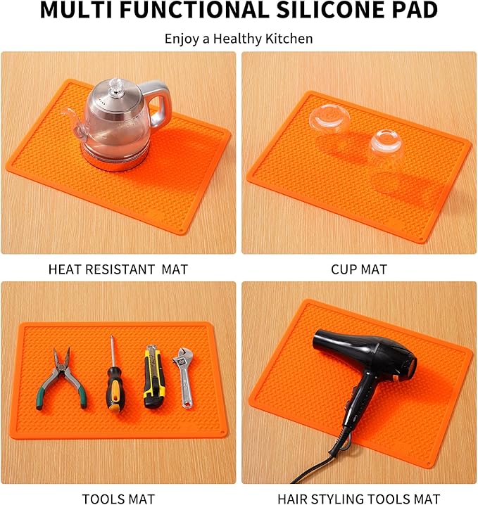 Silicone Drying Mat & Heat Resistant Mat for Kitchen Counter, Non-Slip Dishwasher Safe, Raised Edge for Dishes Bottles Sink (25.5x17.7in, Orange)