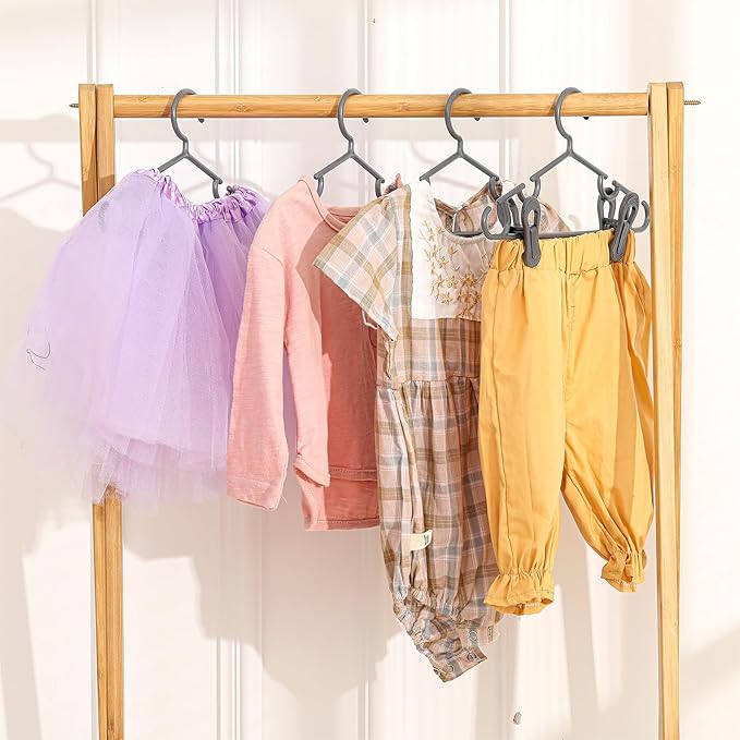 Hsei 5/10/40 Pack Baby Hangers with 10/20/80 Clips, Plastic Kids Pants Hangers for Nursery Closet Top and Bottom Clothes Hanger Set for Newborn Infant Toddler(120 Packs Total,Gray,10.6 Inch)