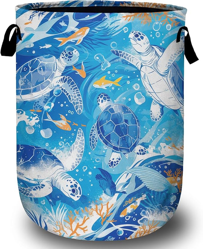 Sea Turtle Laundry Basket, Ocean Fish Coral Laundry Hamper Collapsible Oxford Cloth with Handle Clothes Toy Storage Bin for Bathroom Laundry Room Bedroom 15.7 X 20 Inch
