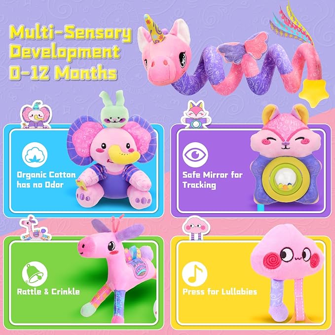 Musical Car Seat Toy for Babies 0-12 Months Girl, 5-in-1 Sensory Activity Hanging Toy Stroller Toy with Soothing Music, Rattle, Mirror for Newborn Infants Essential Gifts, Unicorn