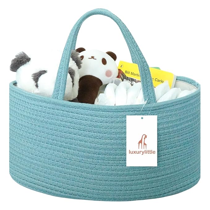 luxury little Diaper Caddy Organizer, Large Cotton Rope Nursery Baby Basket, Changing Table Organizer for Baby Diaper Storage, Portable Car Organizer Removable Divider (Lake Blue, Large)