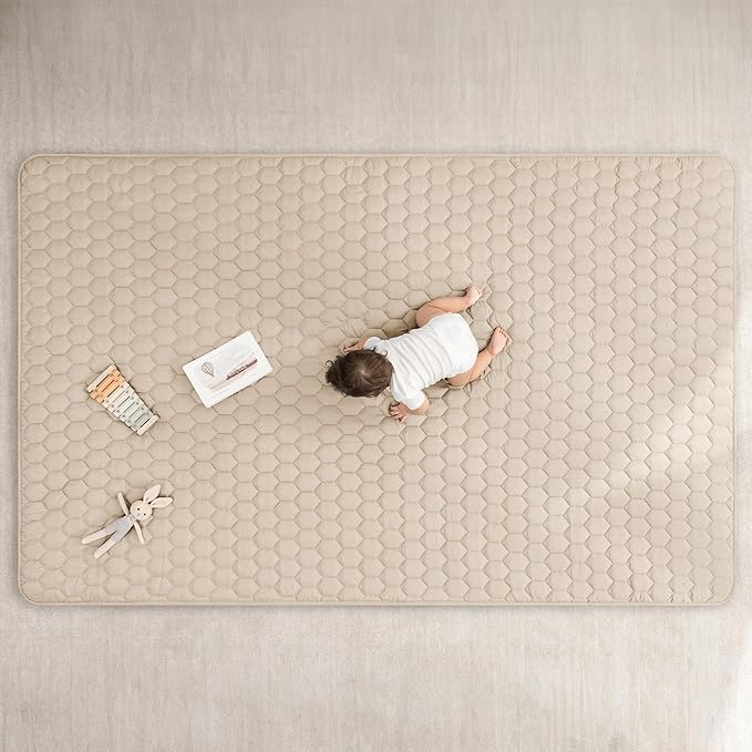 Comfy Cubs Rectangle Kids Play Mat - Large 60 x 96 inches Soft Quilted Baby Floor Mat with Non-Slip Bottom - Plush Design for Toddlers' Playtime- Comfortable and Durable - Sand