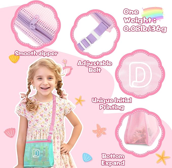 3Pcs Personalized Kids Beach Shell Bag, Initial Seashell Mesh Zipper Beach Pouch, Shell Collecting Bag for Holding Shells with Adjustable Straps, Sand Toys Swim Pouch Gift for Girl Boy Teens(Letter D)