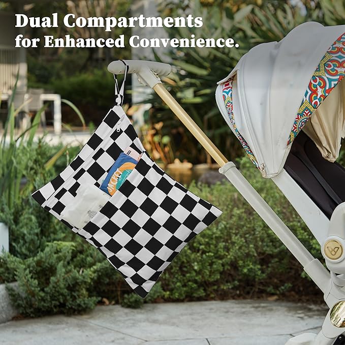 Ohocut Black Checkered Waterproof Wet Dy Diaper Bag for Baby Essentials, Travel, Swimsuit, Beach Bag Accessories, Aesthetic Trendy Cute Toddler Baby Cloth Bag Pouch, Pack of 2