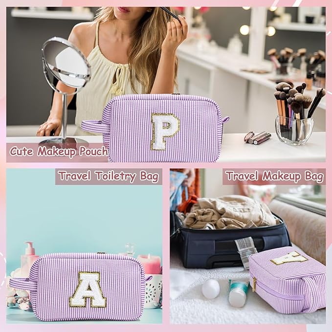 YOOLIFE Birthday Gifts for 6 7 8 9 10 11 12 13 14 15 Year Old Teen Girl - Initial Makeup Bag Letter Toiletry Pouch Cosmetic Case, Personalized Teen Girl Gifts Trendy Stuff Party Favor, Purple L