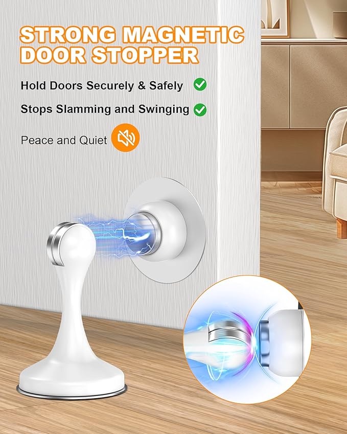 Crosize Magnetic Door Stoppers 8 Pack, Stainless Steel Door Stops for Wall and Floor Mounting, Door Holder Keep Door Open, No Drilling Door Stop with 3D Adhesive Tapes, White