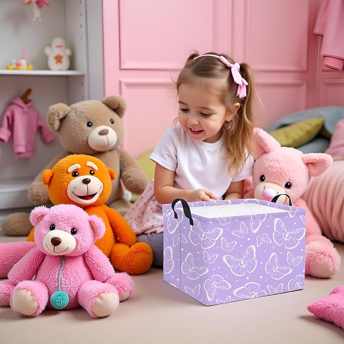 TIBAOLOVER Rectangular Kids Storage Basket Baby Storage Basket with Handles for Home Kitchen Girls Cute Toy Storage Bin Organizer Shelf Book Room Decor(Purple Butterfly)