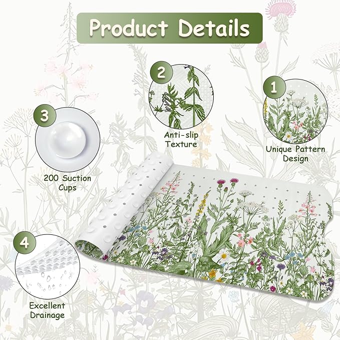 Non Slip Bathtub Mat, Flower Bath Mat for Tub, Extra Long Bathtub Mat Shower Mat with Suction Cups and Drain Holes for Elderly Kids Toddler Baby 40 X 16 Inch