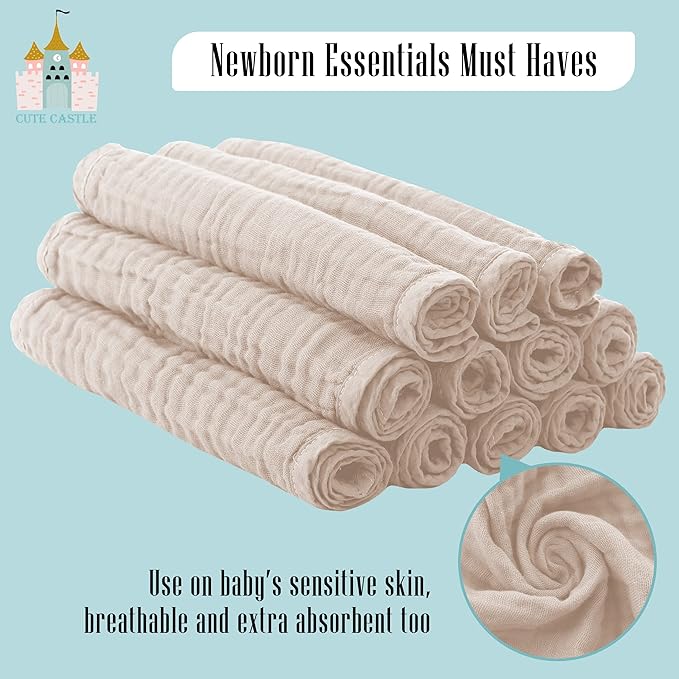 Cute Castle 24 Pack Muslin Burp Cloths for Baby - Ultra-Soft 100% Cotton Baby Washcloths - Large 20'' by 10'' Super Absorbent Milk Spit Up Rags - Burpy Cloths for Unisex, Boy, Girl - Brown