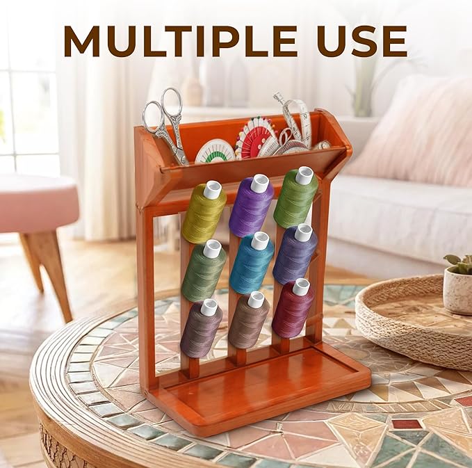 Vertical Rubber Wood Stand, 9-Hook Bottle Drying Rack, for Baby Bottles, Mugs, Glasses | Thread Rack Organizer or Yarn Holder | Kitchen Storage, Sewing Storage Solution, Brown Color