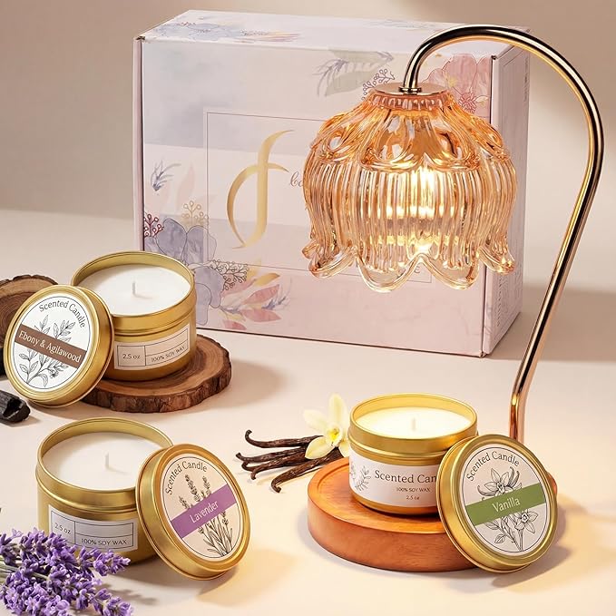 Funistree Candle Warmer Lamp Gift Set with 3 Jar Candles & Gift Box, Gifts for Women Mothers Day Birthday, Mom Sister Friend Gift, Lavender, Vanilla, Ebony, 2 Bulbs