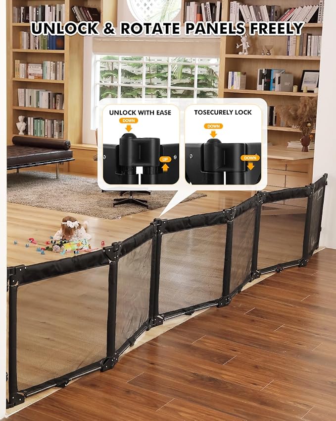 Dearlomum Extra Wide Gate Playpen with Heat-Resistant Mesh, 6 Panel Foldable Fence, Indoor/Outdoor Safety Barrier, Dog Playpen & Fireplace Gate, Black