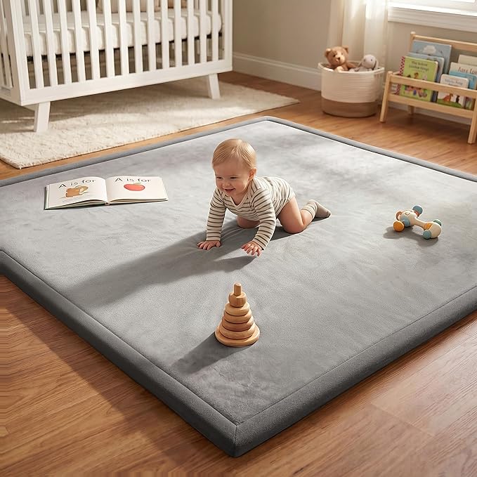 AEOCOO 71x79 Baby Play Mats for Floor, 1.3" Thick Memory Foam Cushion Infant Baby Kids Extra Large Tummy Time Mat, Nursery Rug, CloudSoft Velvet Anti-slip for Crawling, Playroom, Living Room, Grey
