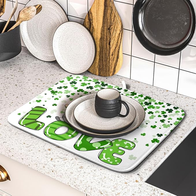 St Patrick's Day Gnomes Love Dish Drying Mat for Kitchen Counter,Green Shamrock Clovers Drying Mat 16 x 18 Inch with High Absorbent Microfiber Drainer Mat for Coffee Bar