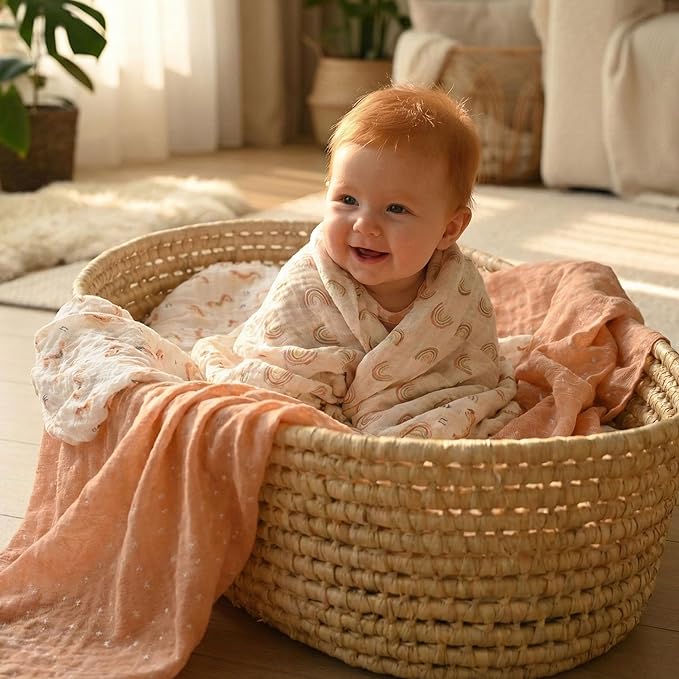 Muslin Swaddle Blankets for Newborn, 4 Pack Cotton Baby Blankets, Large 31.5 x 43.3 inch Breathable Soft Receiving Blanket, Essentials Swaddle Wrap Burping Clothes, Orange Rainbow Horse