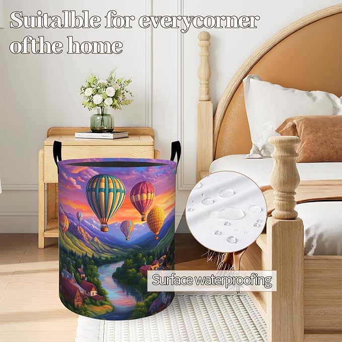 Colorful Hot Air Balloon Valley Laundry Basket 19.7"x15.7", Collapsible Dirty Clothes Waterproof Laundry Hamper Organizer Toy Storage Bin for Dorm Nursery Bathroom Decor