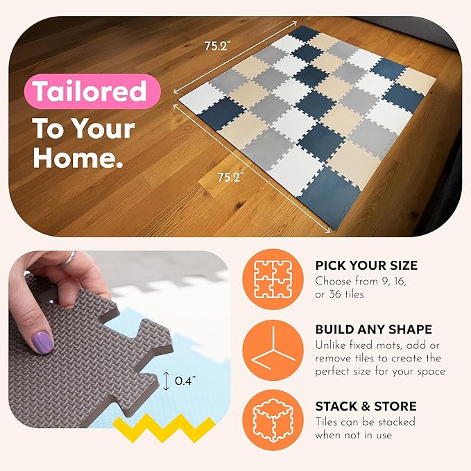 MioTetto Baby Play Mat, Soft Foam Floor Tiles for Kids. Adjustable Interlocking Foam Tiles, Fits with 74x74 Playpen Baby mat for Crawling & Development, Safe & Non-Toxic Playmat for Babies 6-12 Months