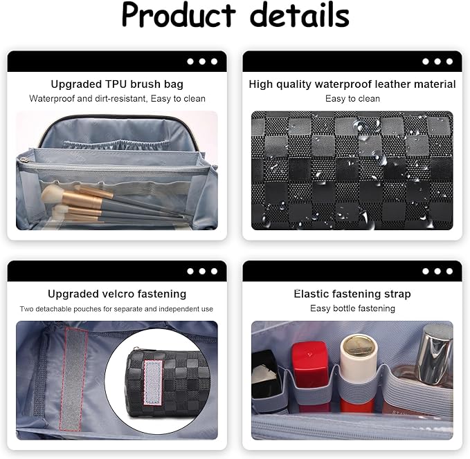 BOYATU Travel Makeup Bag Organizer Cosmetic Bag: 3 Pcs Set Large Capacity Make up Bag with Compartments - Waterproof Leather Toiletry Bags with Handle Travel Essentials Case Gifts for Women (01-Black)