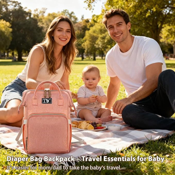Packino Diaper Bag Backpack for Women - Multifunction Travel Essentials Baby Diaper Bag with Changing Pad, Large Backpack Baby Girl Boy, Insulated Bottle Holders & Stroller Straps (Pink+Orange)