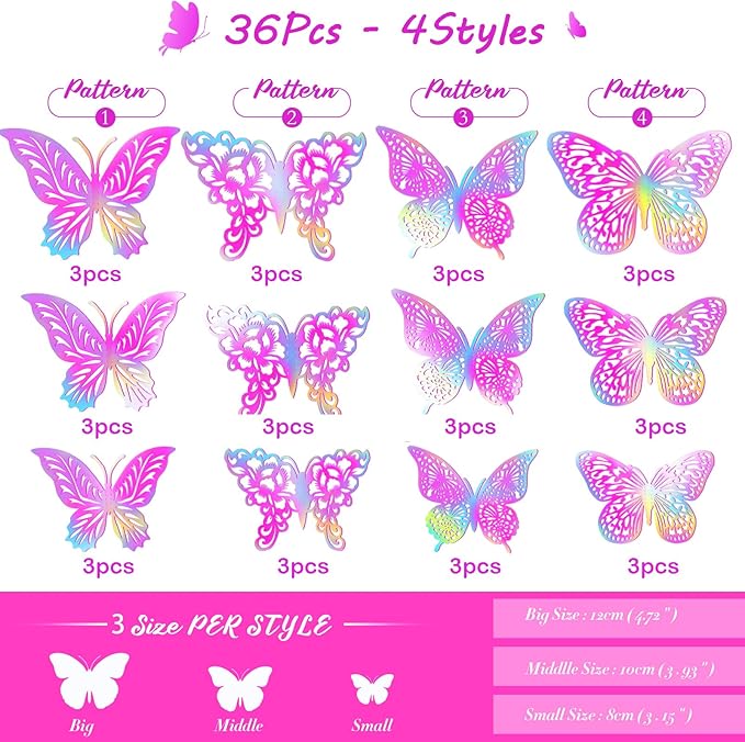 3D Gold Butterfly Wall Decor 3 Sizes 4 Styles Butterfly Party Decorations Cake Decorations Removable Stickers Wall Decor Room Mural Metallic Kids (Laser Pink Purple, 36Pcs)