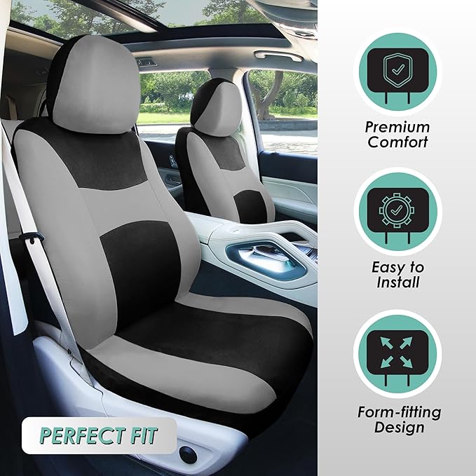 FH Group Universal Fit Gray Black Automotive Seat Covers Combo Set with Steering Wheel Cover and Seat Belt Pad fits Most Cars, SUVs, and Trucks (Airbag Compatible and Split Bench)
