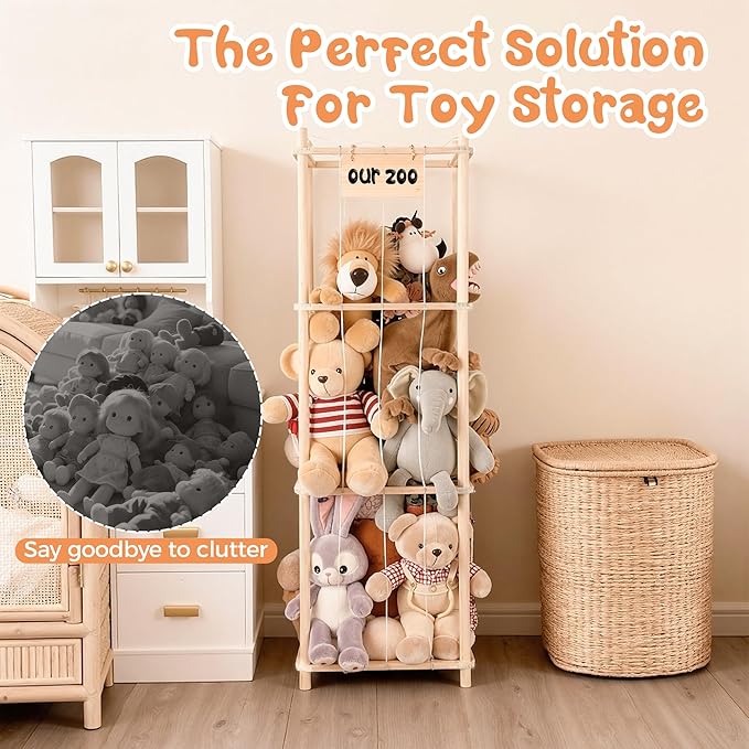 LAMU Stuffed Animal Storage, Wooden Zoo Stuffed Animal Holder with Elastic Cords, Space Save Toy Organizer, Extra Large Capacity Stuffed Animal Organizer for Playroom, Bedroom, Nursery